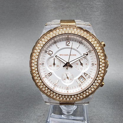 Michael Kors Madison Watch Women 42mm White Dial Two Tone Date Round New Battery0