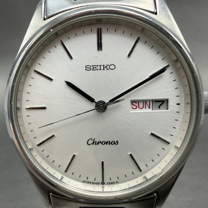 Seiko Chronos Watch Men 33mm White Dial Silver Tone Daydate 5H23-7D40 New Batt1