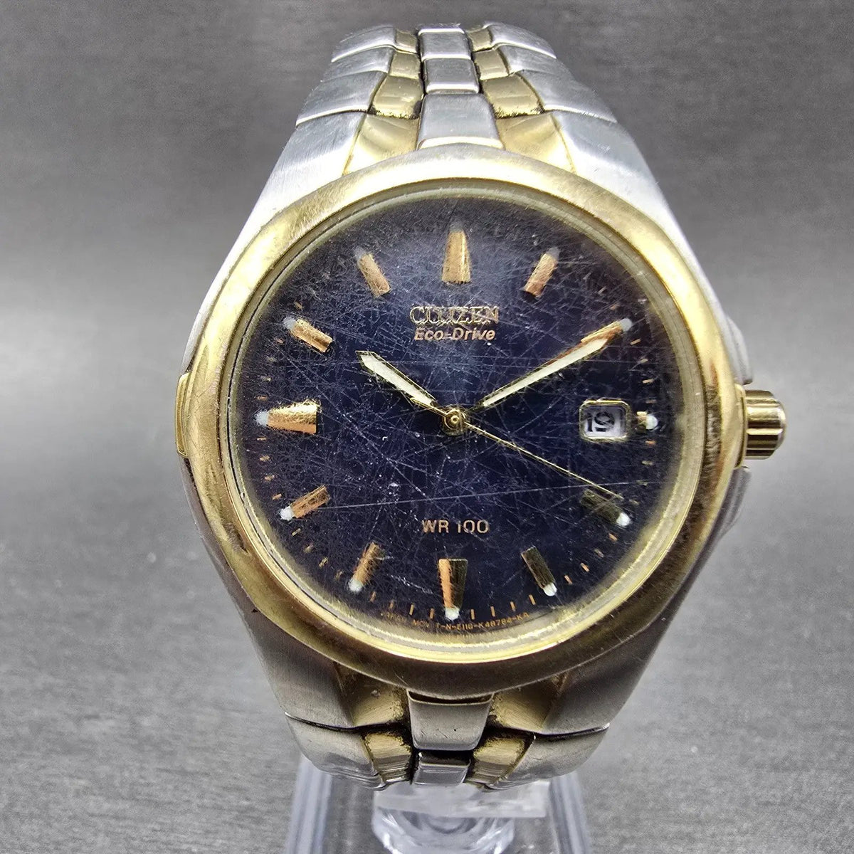 Citizen Eco-Drive Watch Men 36mm Blue Dial Two Tone Date Round E111-K15699 RunsP0