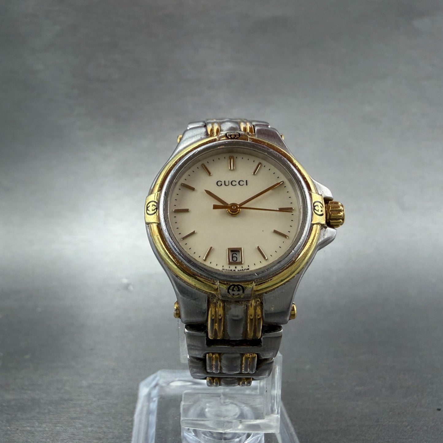 Gucci 9040L Watch Women 26mm Cream Dial Two Tone Date Round New Battery5