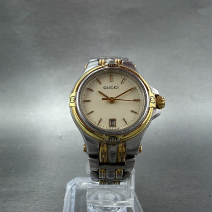Gucci 9040L Watch Women 26mm Cream Dial Two Tone Date Round New Battery5