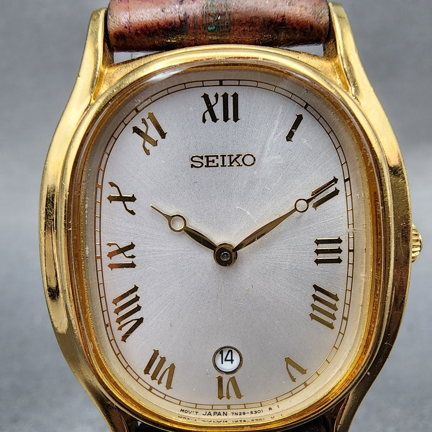 Seiko Tank Watch Men 29mm Silver Dial Gold Tone Date 7n295221 New Battery1