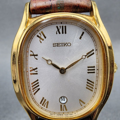 Seiko Tank Watch Men 29mm Silver Dial Gold Tone Date 7n295221 New Battery1