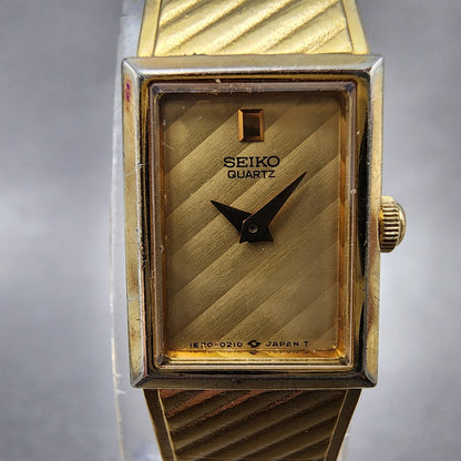 Seiko Tank Watch Women 12mm Gold Dial Gold Tone 1E205109 Rectangle New Battery1