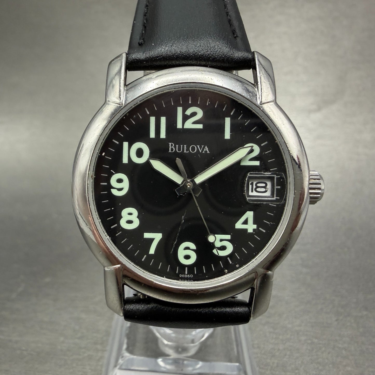 Bulova Watch Unisex 34mm Black Dial Silver Tone Date Round 96B60 New Battery0