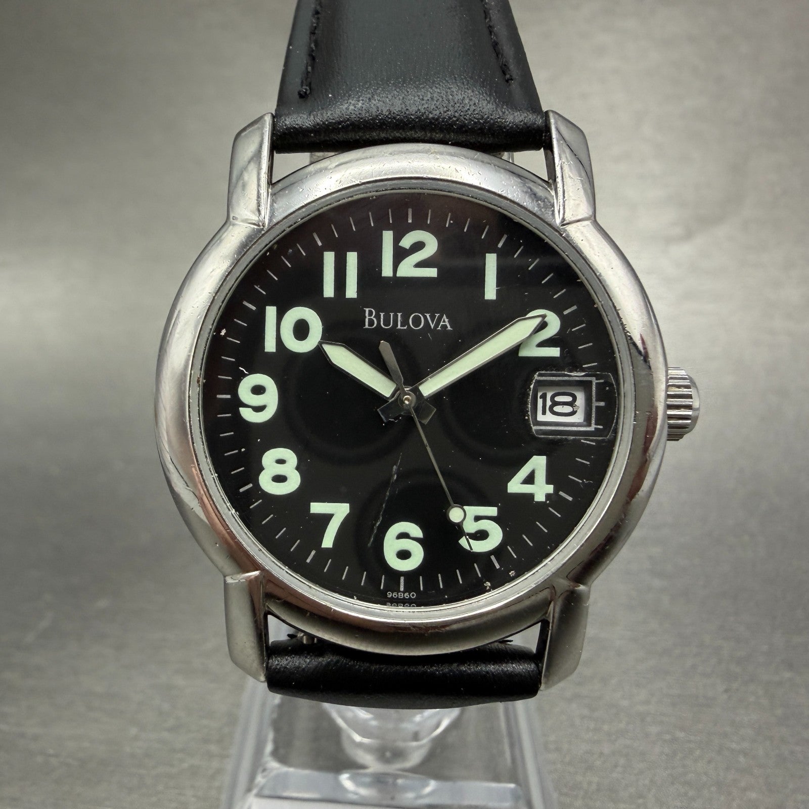 Bulova Watch Unisex 34mm Black Dial Silver Tone Date Round 96B60 New Battery0