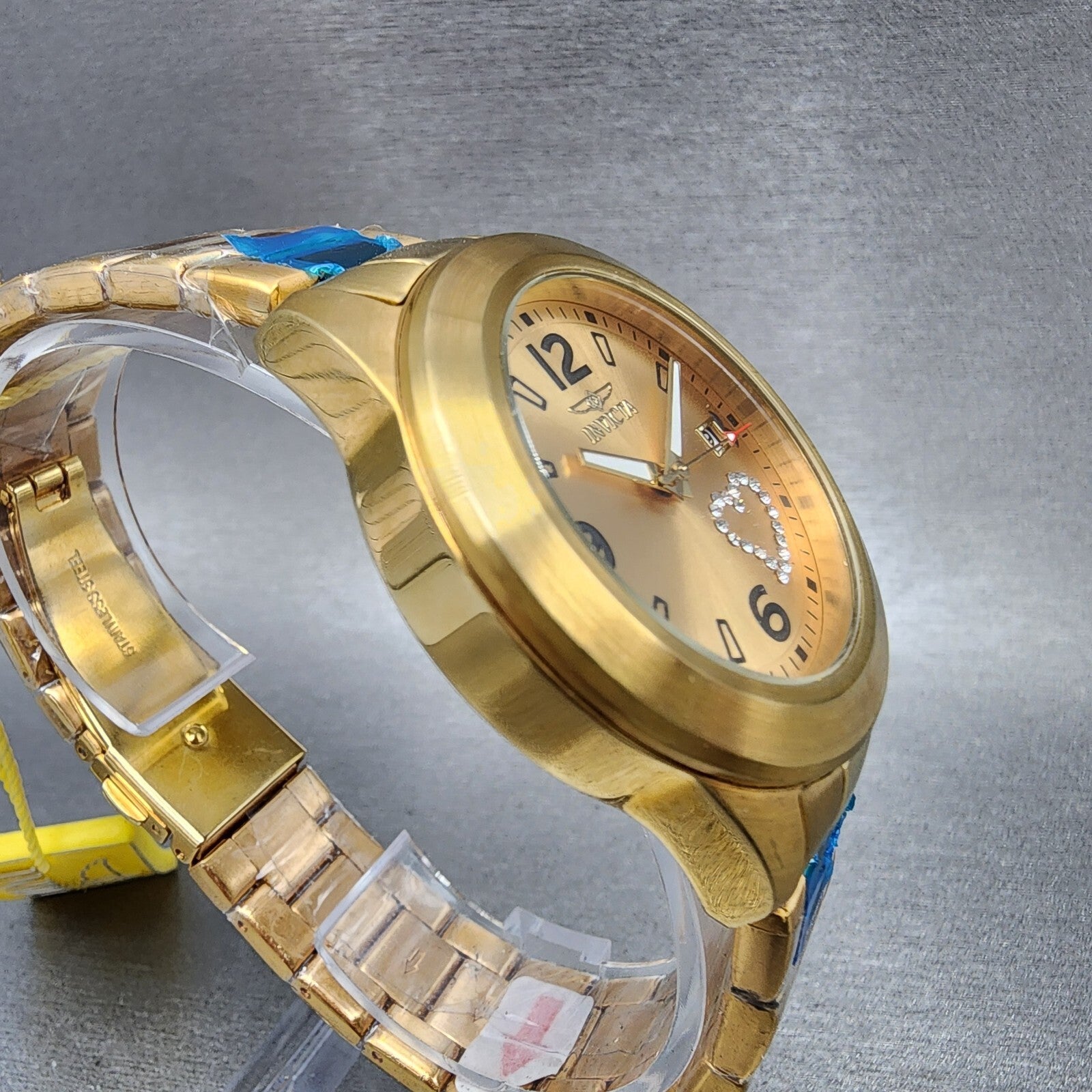 Invicta Angel Watch Women 38mm Gold Dial Gold Tone Date Heart Round New Battery3