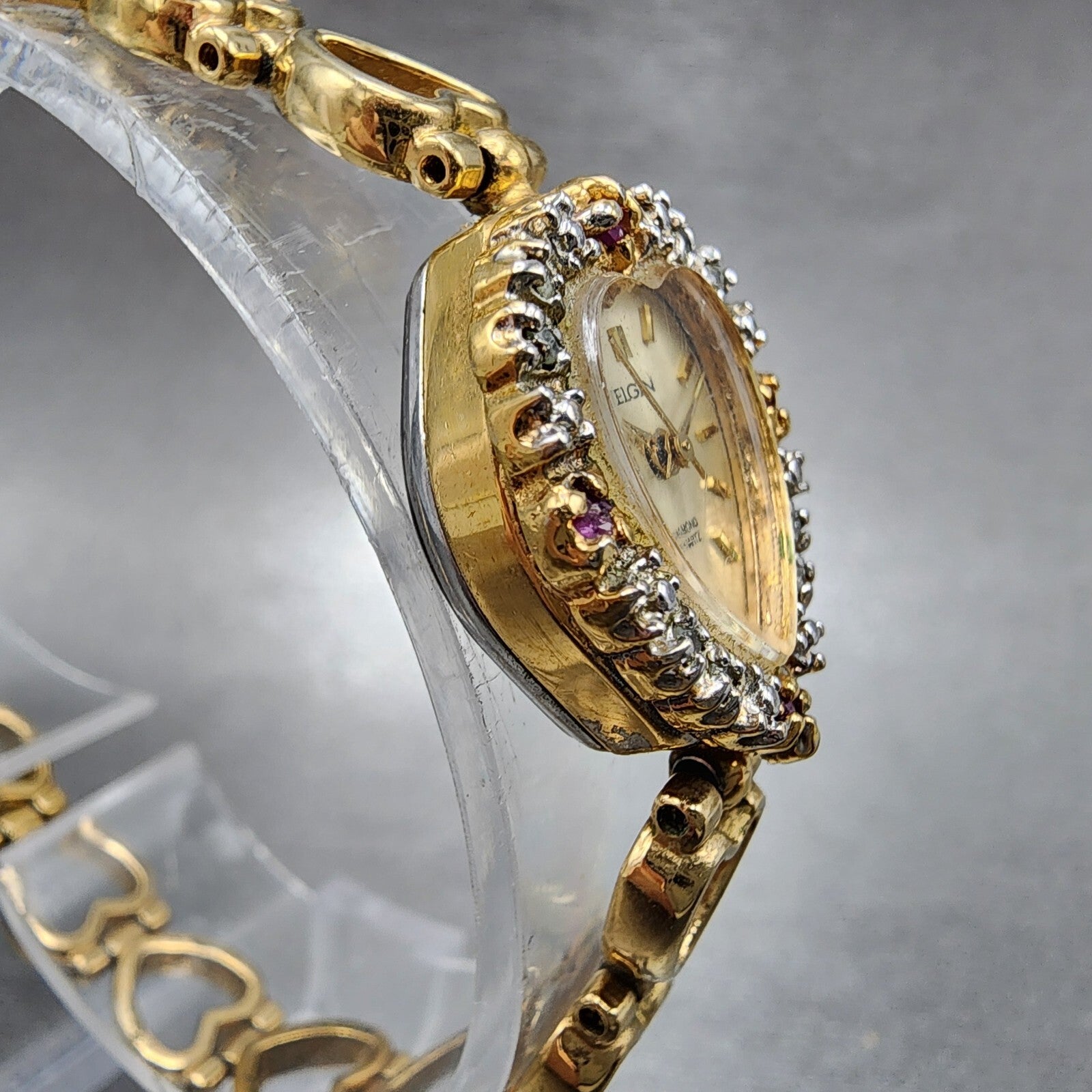 Elgin Heart Watch Women 19mm Champagne Dial Gold Tone Ruby Diamond Bezel New Bat3