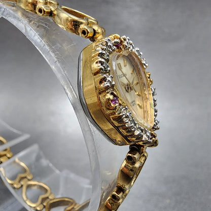Elgin Heart Watch Women 19mm Champagne Dial Gold Tone Ruby Diamond Bezel New Bat3