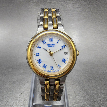 Seiko Watch Women 24mm White Dial Two Tone Date Round 7N82-6B29 New Battery