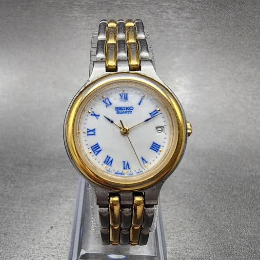Seiko Watch Women 24mm White Dial Two Tone Date Round 7N82-6B29 New Battery
