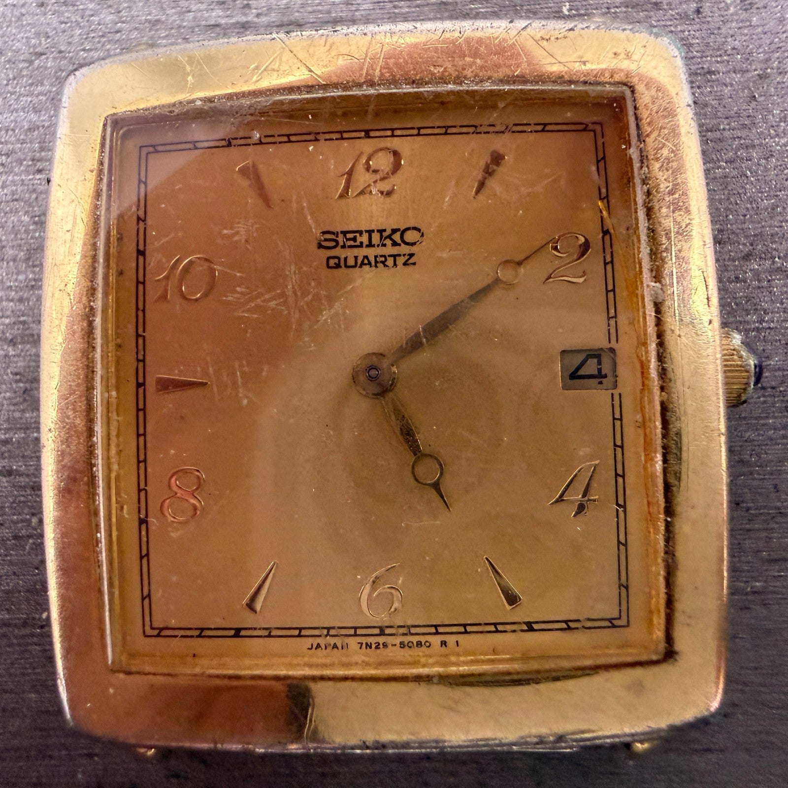 Seiko Tank Watch Men 29mm Champagne Dial Gold Tone Date Rectangle 7N29-5049 PART2