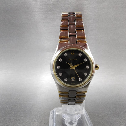 Bulova Watch Women 26mm Black Dial Two Tone Diamond Marker 98P109 New Battery5