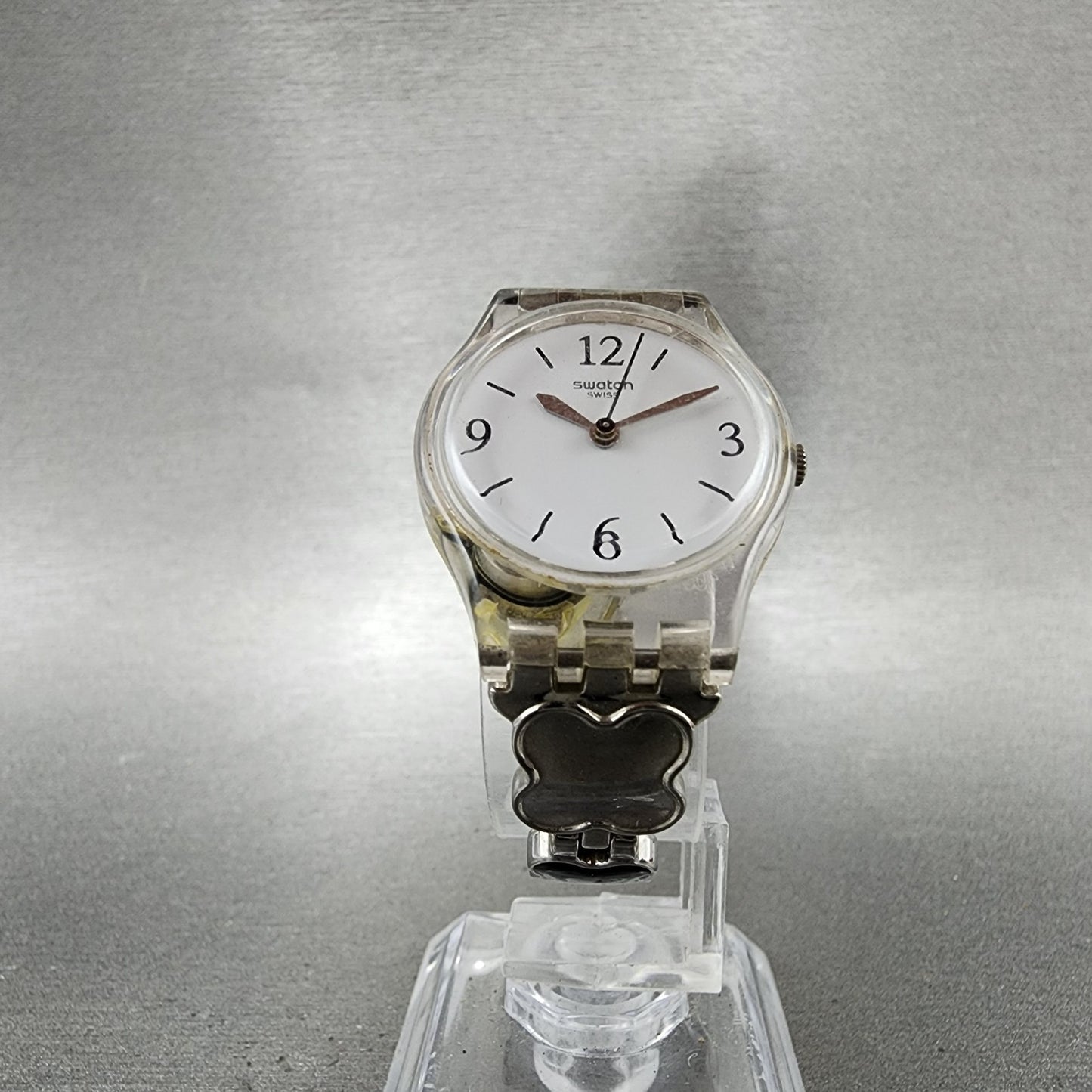 Swatch Clovercheck Watch Women 25mm White Dial Clear Case Round New Battery5