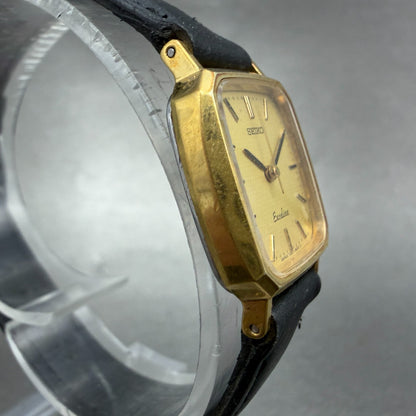 Seiko Exceline Tank Watch Women 20mm Champagne Dial Gold Tone 7321-6570 New Batt3