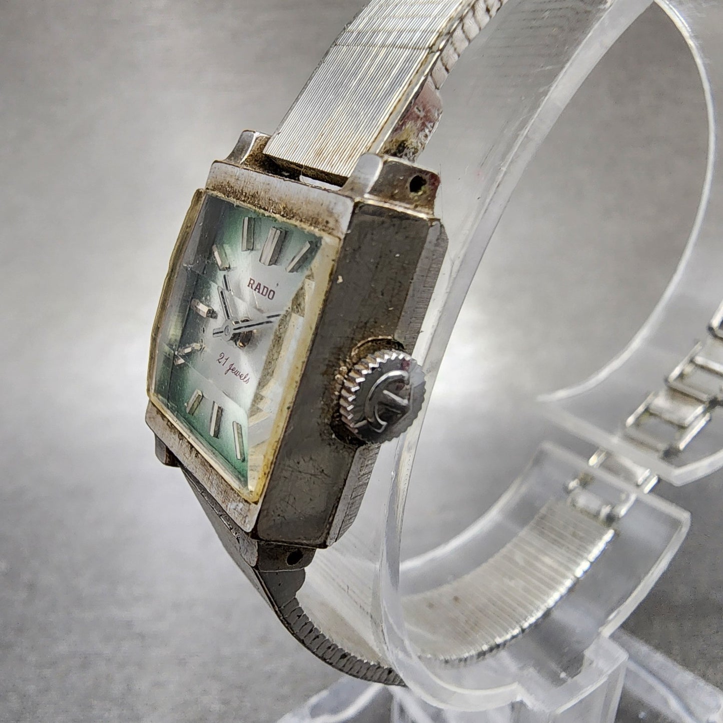 Rado Tank Watch Women 16mm Green Dial Silver Tone Rectangle Manual Wind Runs VTG2