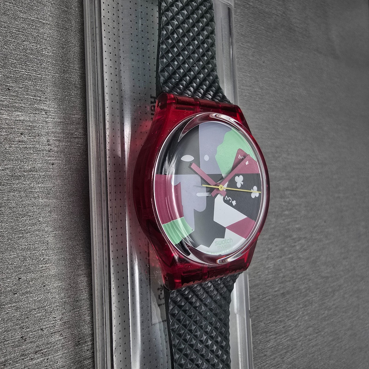 Swatch Hot Rap Watch Men 34mm Black Dial Red Case GR113 New Battery NOS3