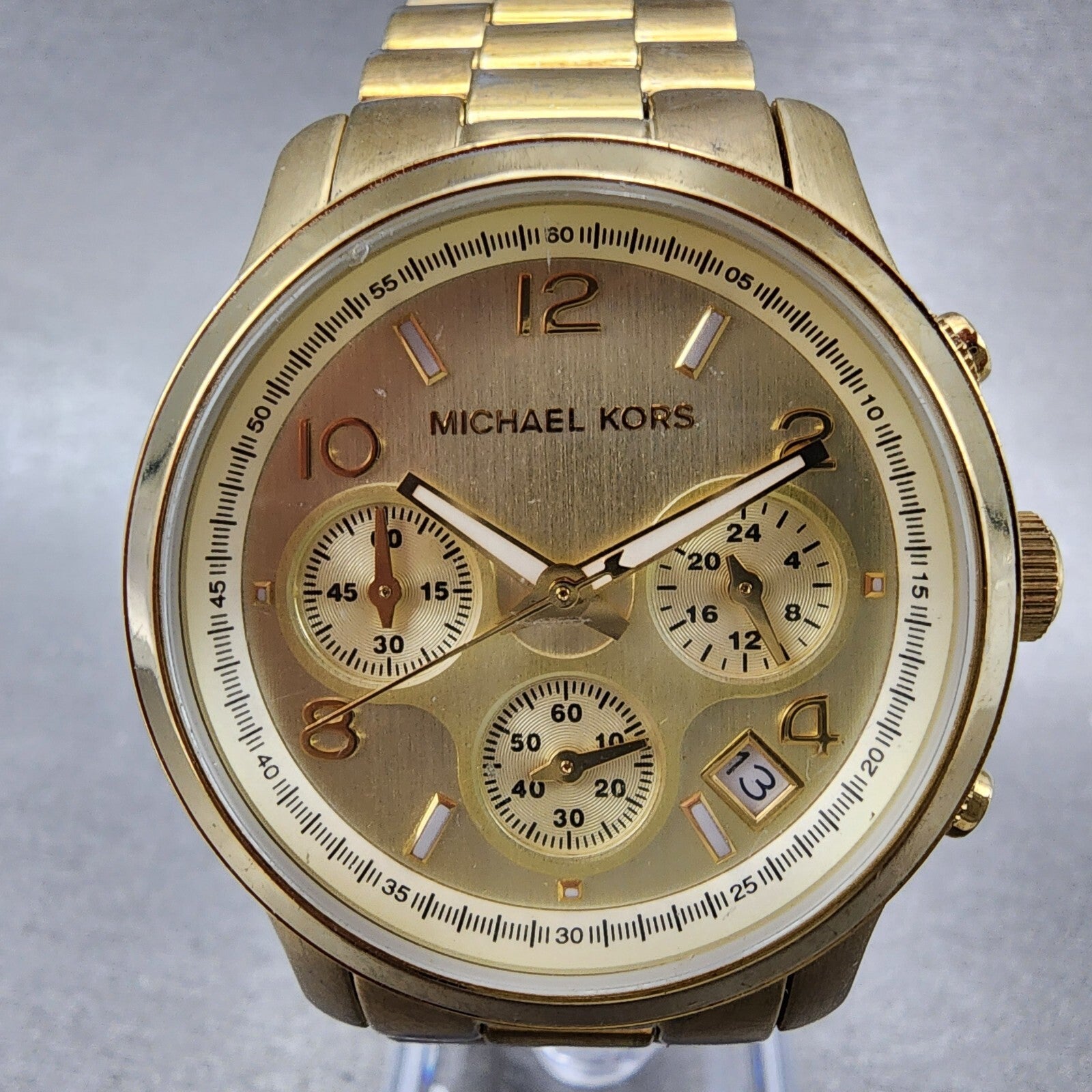 Michael Kors Runway Chronograph Watch Women 38mm Champagne Dial Gold Tone NewBat1