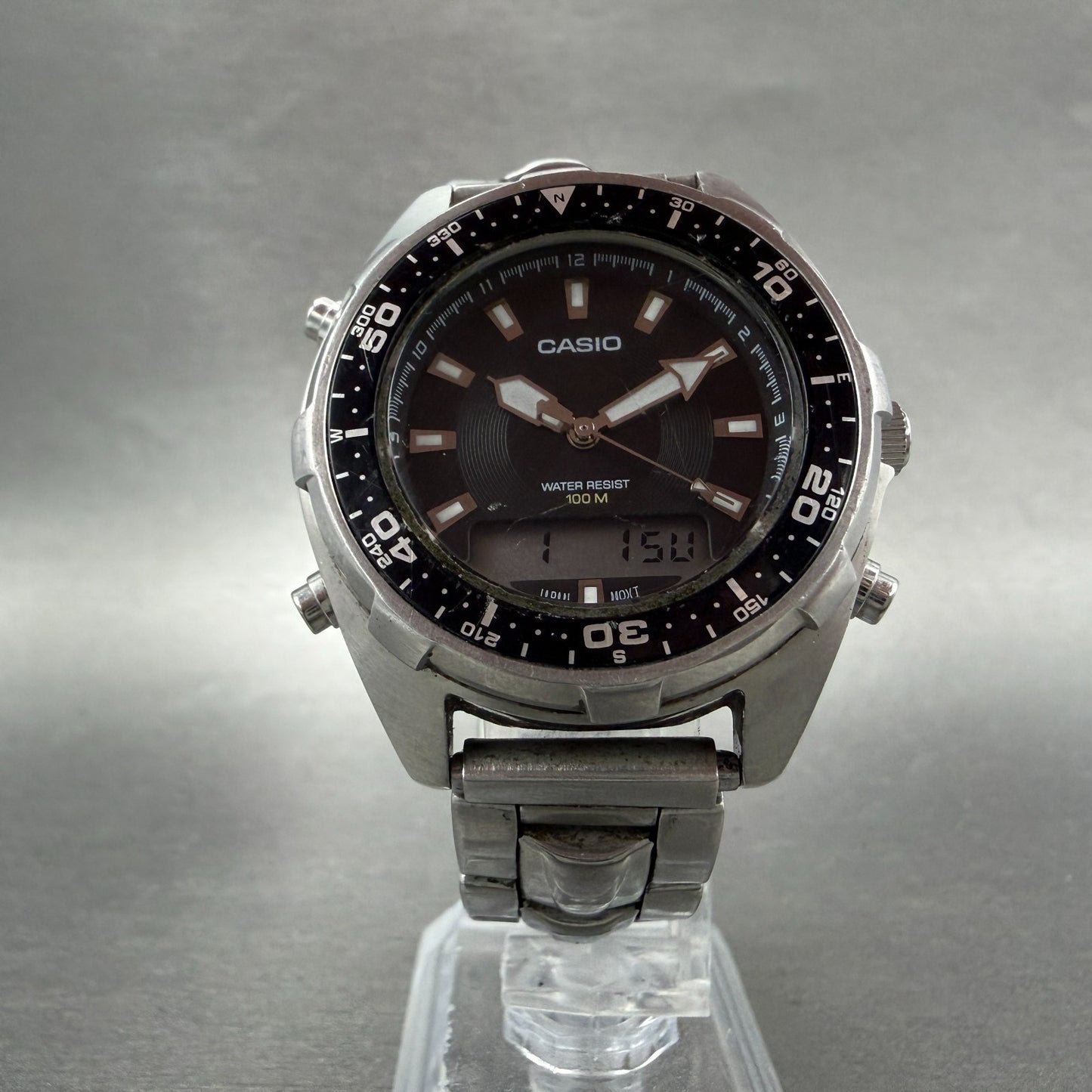 Casio Analog Digital Dive Watch Men 37mm Black Dial Silver Tone AMW-340 New Batt5