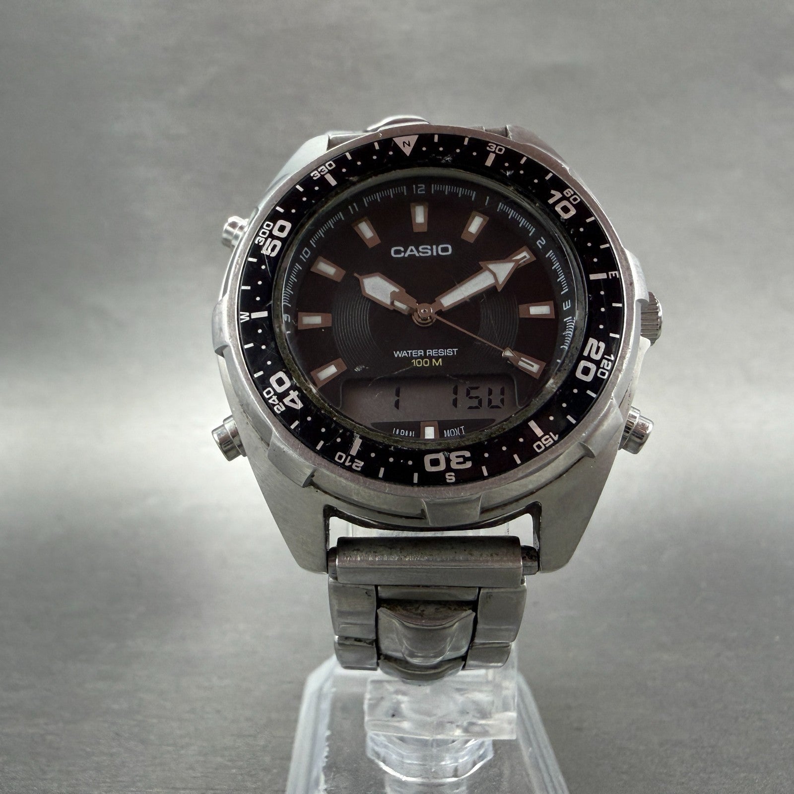 Casio Analog Digital Dive Watch Men 37mm Black Dial Silver Tone AMW-340 New Batt5