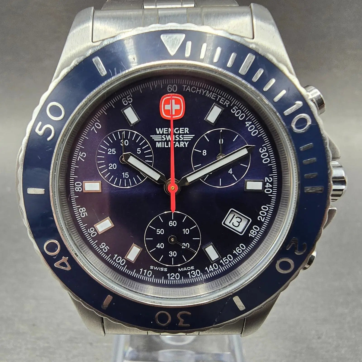 Wenger Swiss Military Chronograph Watch Men 42mm Blue Dial Steel Diver 791000