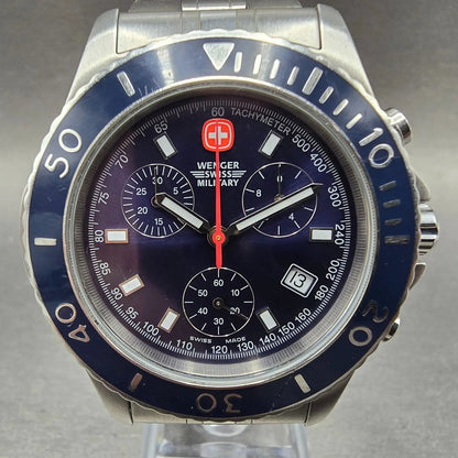 Wenger Swiss Military Chronograph Watch Men 42mm Blue Dial Steel Diver 791000