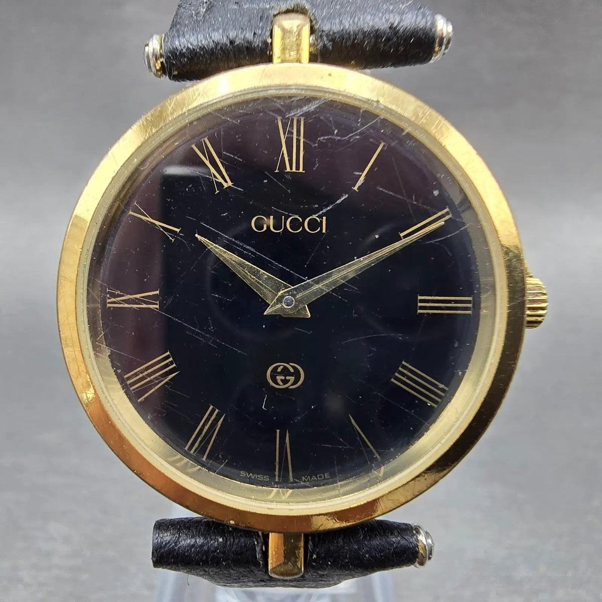 Gucci 2000M Watch Men 30mm Black Dial Gold Plated Leather Round New Battery VTGp0