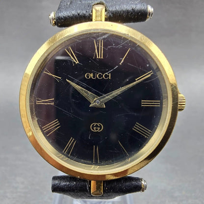 Gucci 2000M Watch Men 30mm Black Dial Gold Plated Leather Round New Battery VTGp0