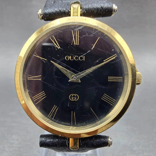 Gucci 2000M Watch Men 30mm Black Dial Gold Plated Leather Round New Battery VTGp0