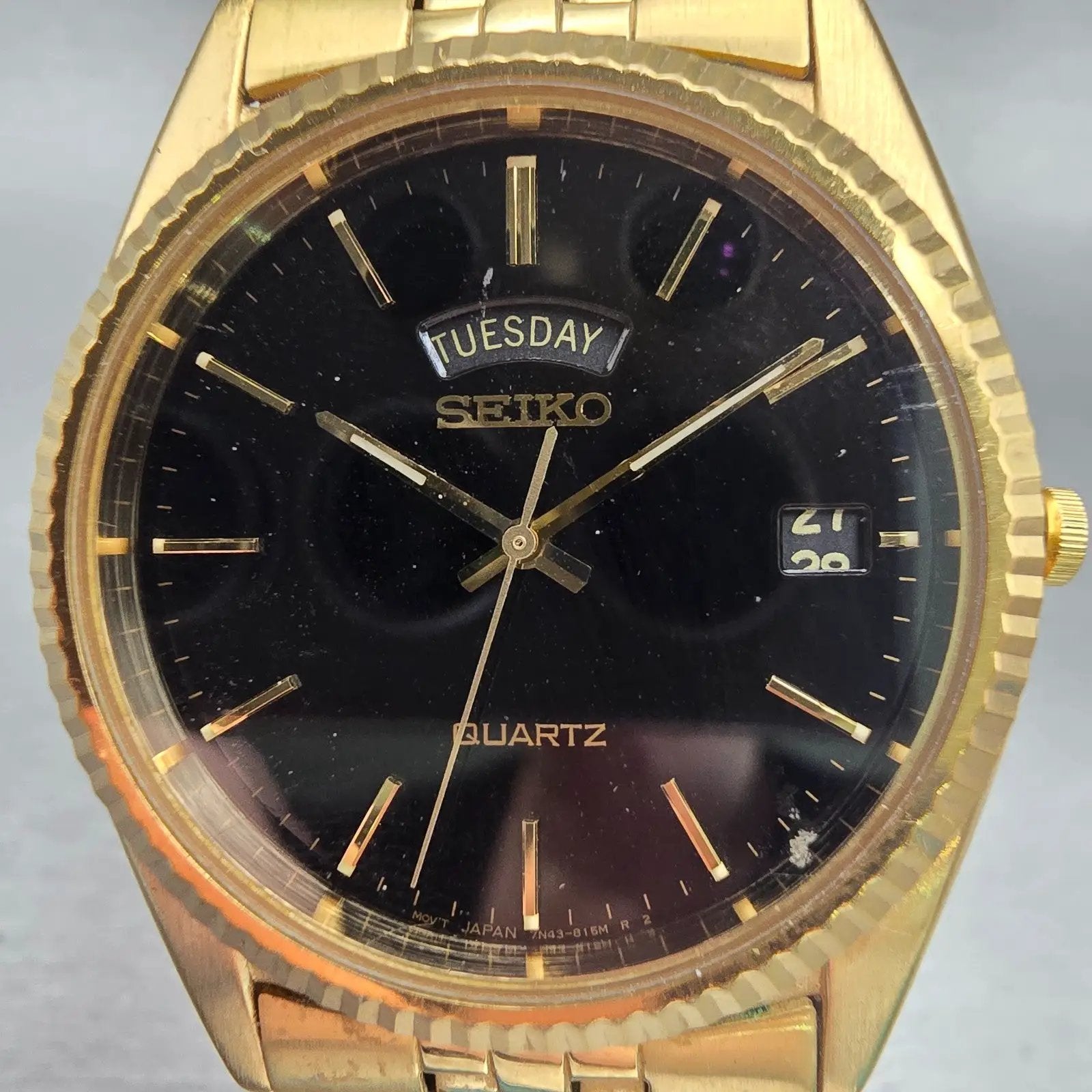 Seiko President Watch Men 36mm Black Dial Gold Tone Daydate 7N43-8111 New Batt1