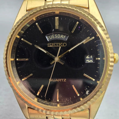 Seiko President Watch Men 36mm Black Dial Gold Tone Daydate 7N43-8111 New Batt1