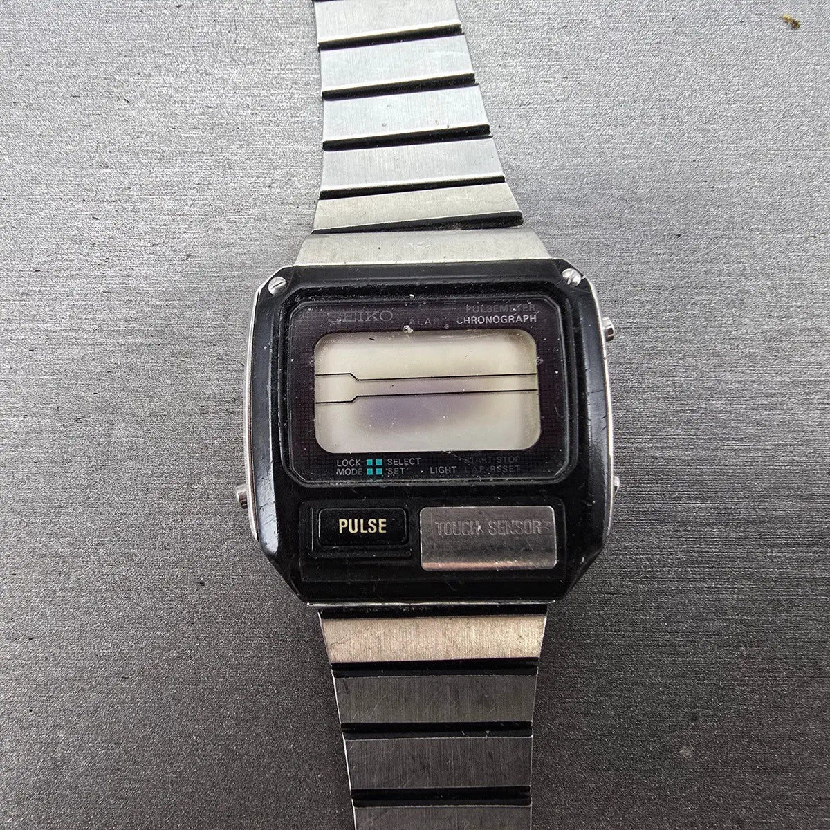 Seiko Pulse Watch Men 37mm Black Silver Chronograph Rectangle S229-5019 PARTS0