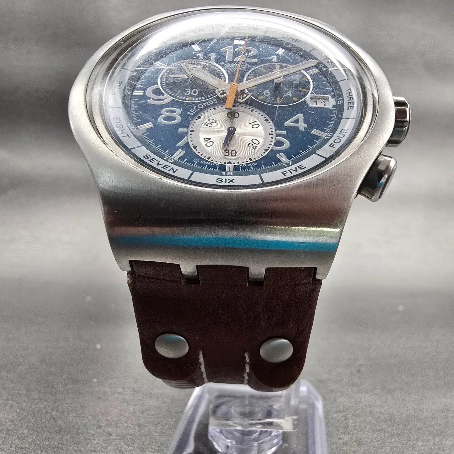 Swatch Irony THE CHRONO Watch Men Blue Dial Silver Tone Date YOS410 New Battery5