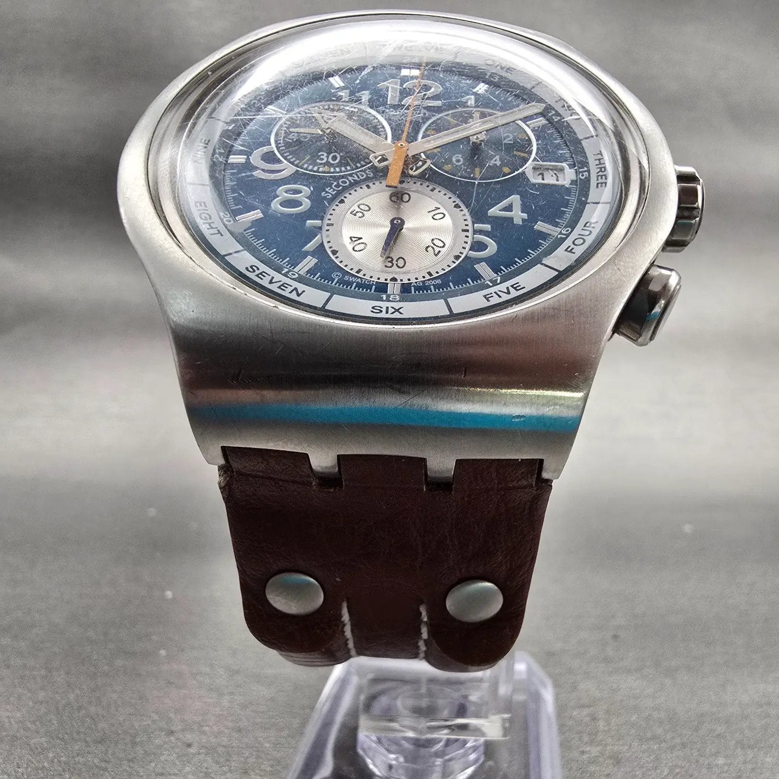 Swatch Irony THE CHRONO Watch Men Blue Dial Silver Tone Date YOS410 New Battery5