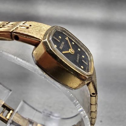 Bulova Watch Women 16mm Black Dial Gold Tone Oval 6971 New Battery Vintage3