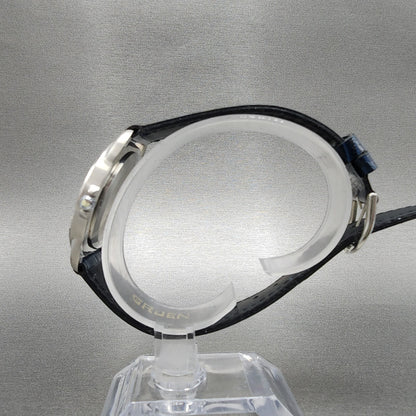 Gruen Watch Men 34mm Blue Dial Silver Tone Round Leather Band New Battery