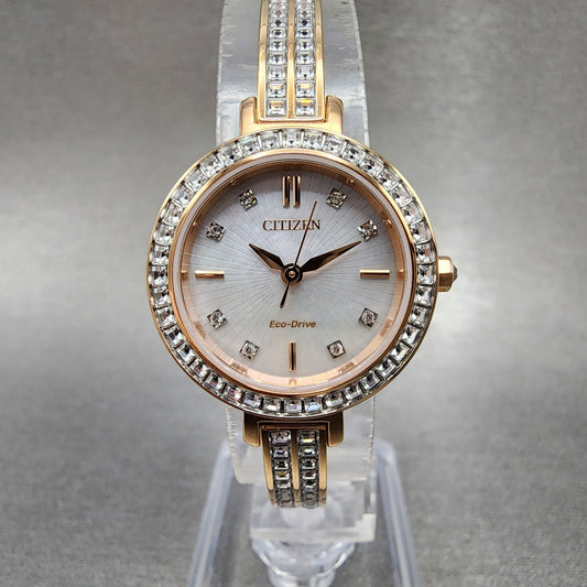 Citizen EcoDrive Silhouette Crystal Watch Women 25mm MOP Dial Rose Gold Tone0