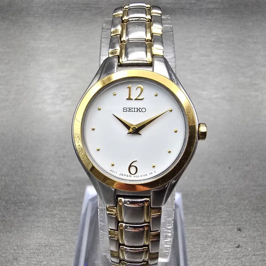 Seiko Watch Women 23mm White Dial Two Tone Round 1N00-0RM0 New Battery Vintage0