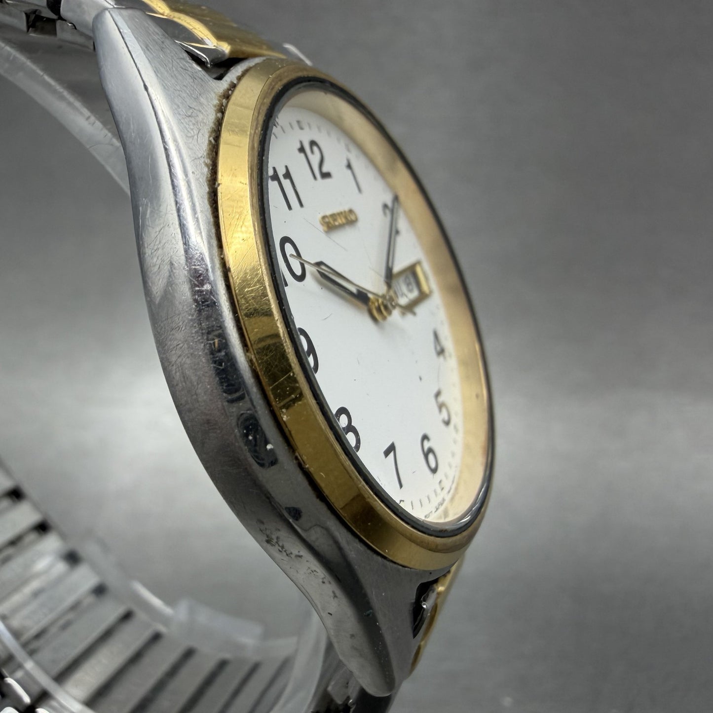 Seiko Watch Men 37mm White Dial Two Tone Daydate Round 7N439048 PARTS4