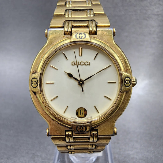 Gucci 9200M Watch Men 32mm White Dial Gold Plated Date Round PARTS VTG0