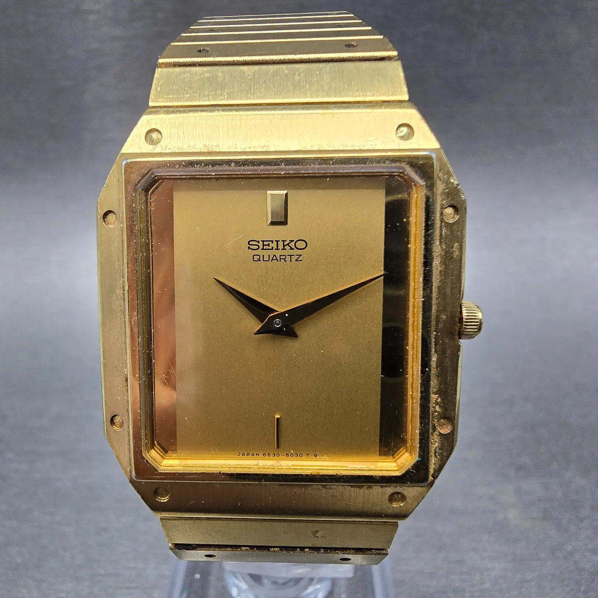 Seiko Tank Watch Men 29mm Gold Dial Gold Tone Rectangle 6530-5010 VTG PARTS0