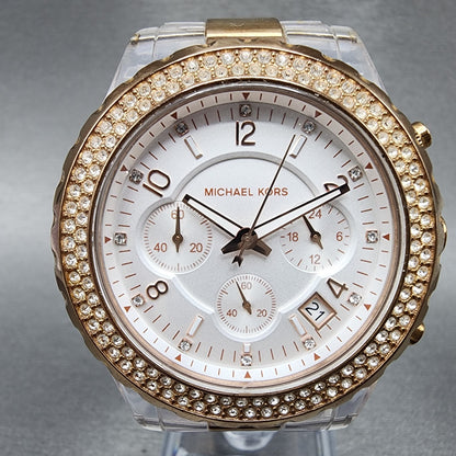 Michael Kors Madison Watch Women 42mm White Dial Two Tone Date Round New Battery1