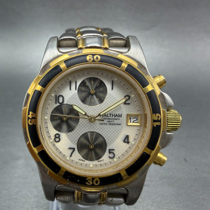 Waltham Chronograph Watch Men 40mm White Dial Two Tone Date Round New Battery0