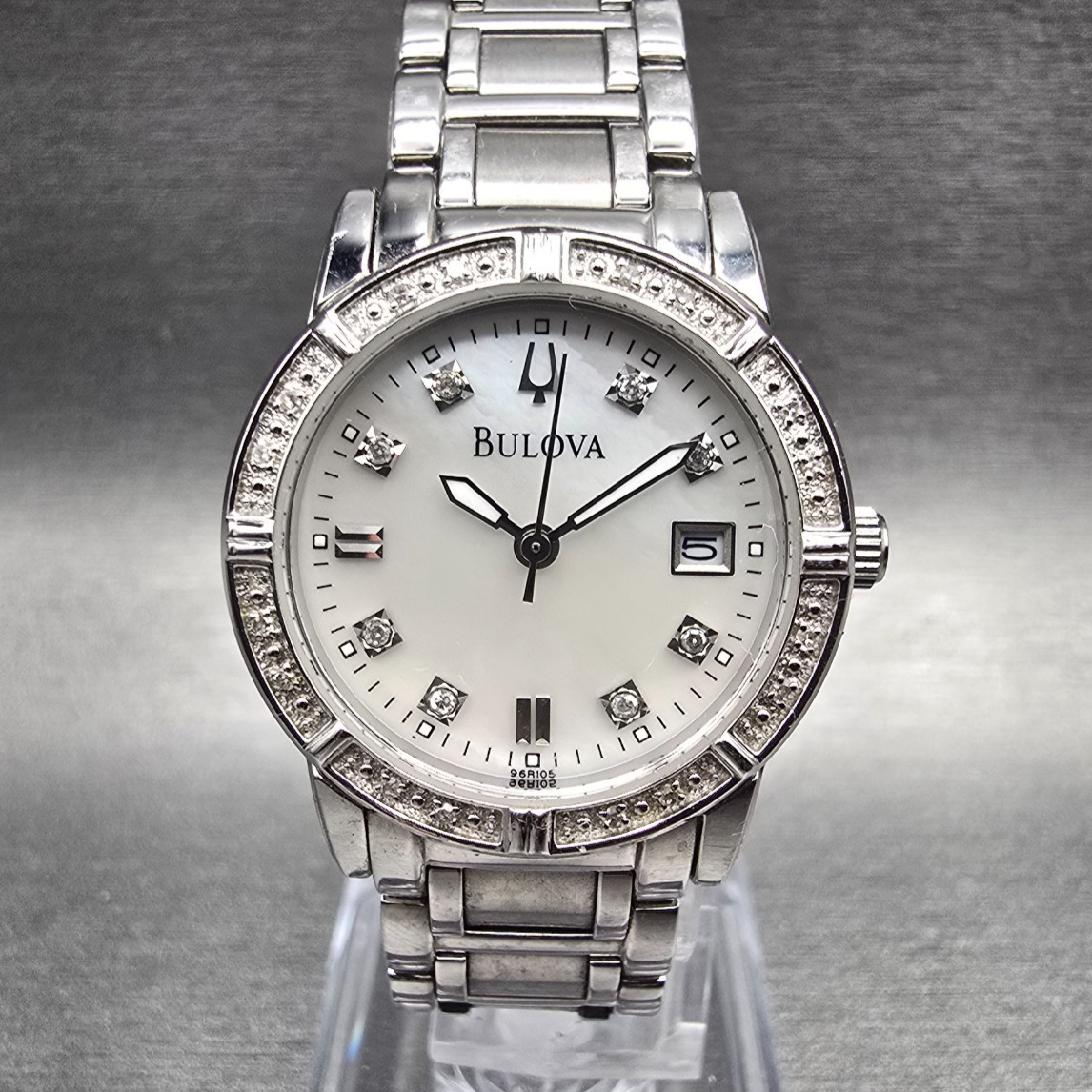 Bulova Womens Watch 29mm MOP Dial Silver Tone Date Diamonds 96R105 New Battery0