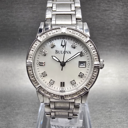 Bulova Womens Watch 29mm MOP Dial Silver Tone Date Diamonds 96R105 New Battery0