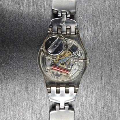 Swatch Vida Circular Watch Women 25mm Red Dial Clear Case CK244G New Battery10