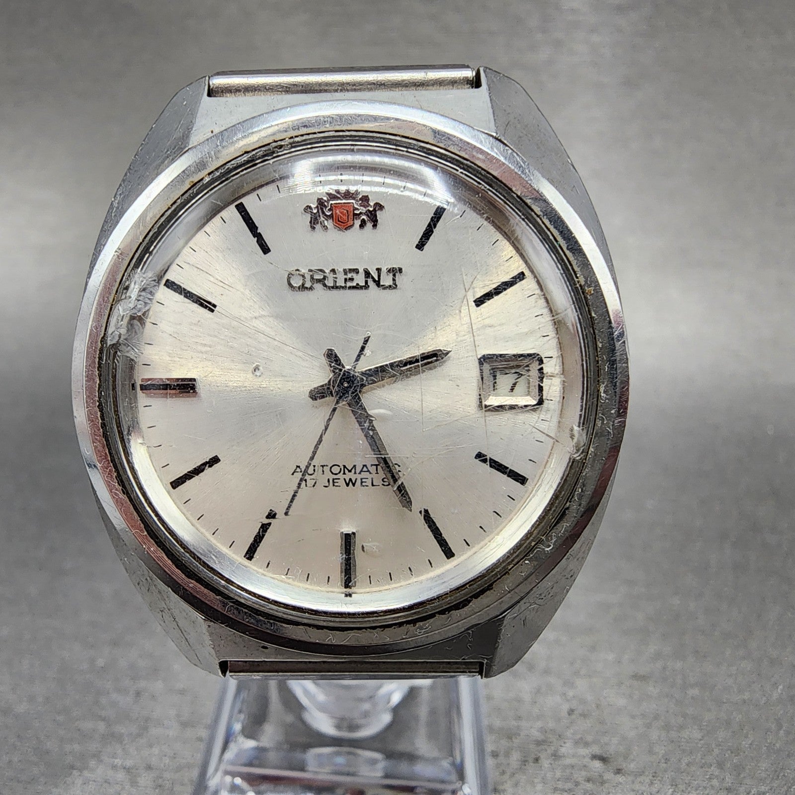 Orient Automatic Watch Men 37mm White Dial SIlver Tone Date NO CROWN Runs VTG0