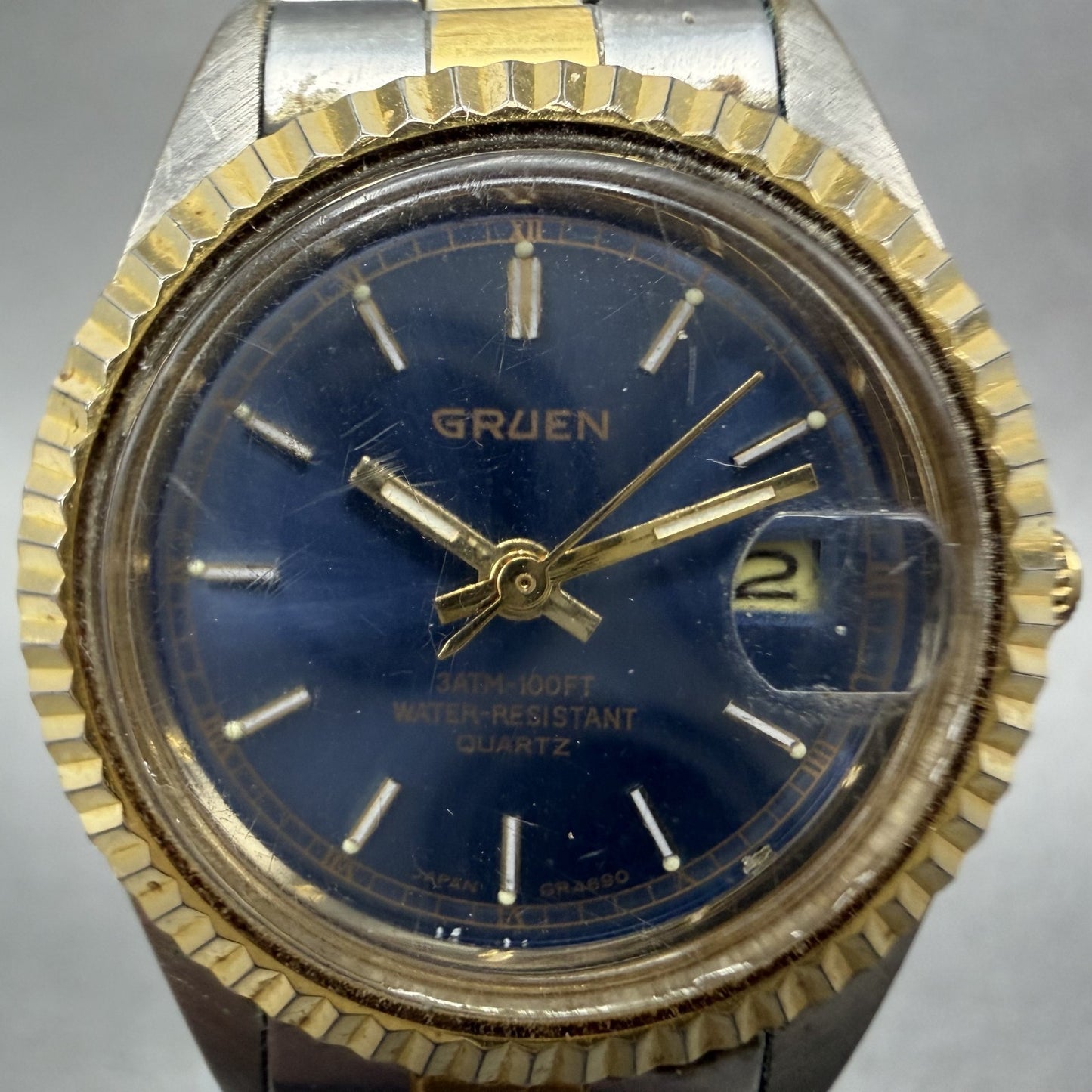 Gruen Watch Women 26mm Blue Dial Two Tone Date Round New Battery1