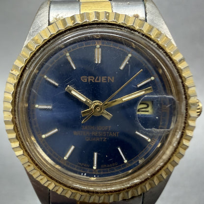 Gruen Watch Women 26mm Blue Dial Two Tone Date Round New Battery1