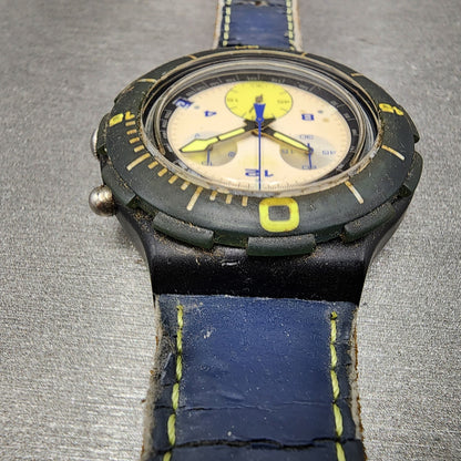 Swatch Aqua Chrono Free Dive Watch Men 43mm Cream Dial Blue Tone Date READ! Runs4